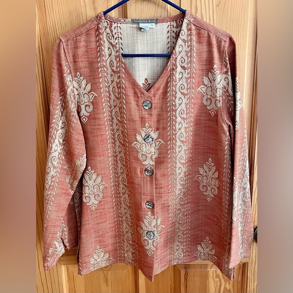 Isabella Bird Red Gold Boho Damask Jacket Blouse M Abalone Buttons Lagenlook Art